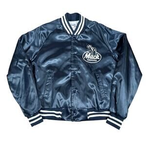 Vintage Mack Trucks Bulldog 80s Black Satin Chalk Line Bomber Jacket Size Medium